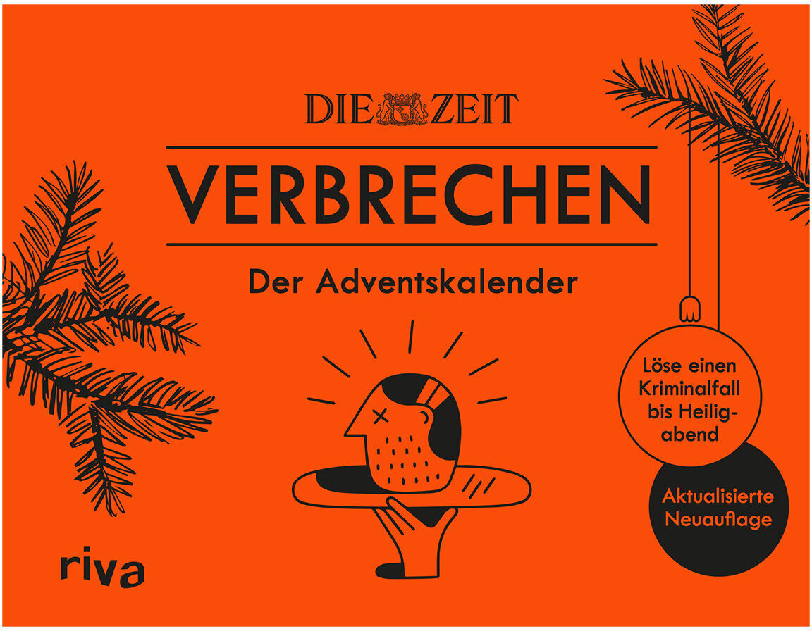 Die Abbildung zeigt den Adventskalender ZEIT VERBRECHEN. Die Verpackung ist überwiegend rot gestaltet mit schwarzem Text und Illustrationen. Der Titel lautet 'VERBRECHEN - Der Adventskalender', hervorgehoben mit einer Illustration eines Mörders mit Hut und einer Weihnachtskugel. An den Ecken befinden sich Tannenzweige als Dekoration.