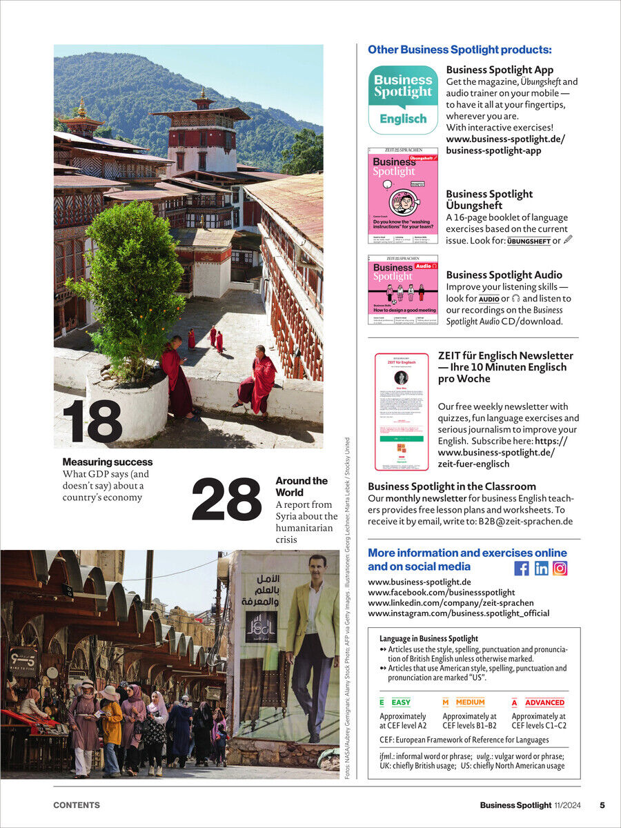 Cover des Business Spotlight Magazins 11/2024 mit Bildern aus Albanien und einem Artikel über die italienische Krise. Behandelt Themen der Wirtschaft und des Sprachlernens.