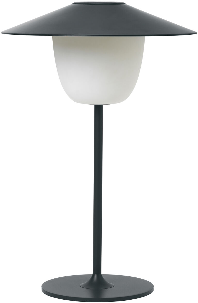 Mobile LED Tischleuchte 'ANI' mit einem schwarzen Lampenschirm und einem weißen Leuchtkörper, elegant und minimalistisch im Design, geeignet für Innen- und Außenbeleuchtung.
