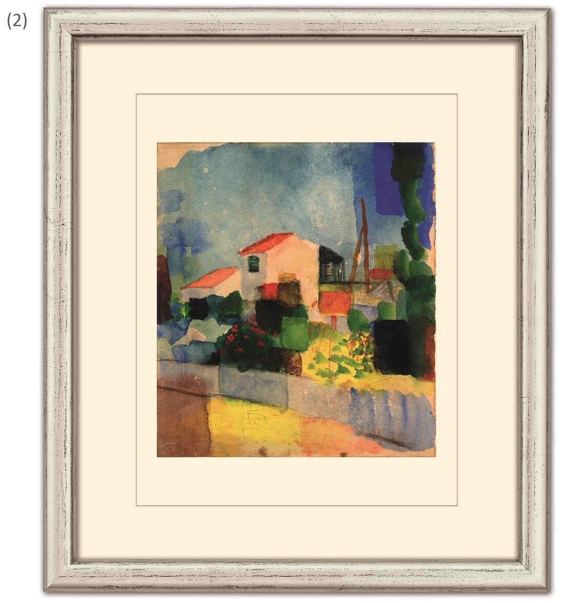 Ein gerahmtes Bild von August Macke aus einem Set von drei. Es zeigt eine farbenfrohe Landschaft mit Häusern, Bäumen und einem weißen Zaun im Vordergrund. Die Hauptfarben sind Blau, Grün, Rot und Gelb.