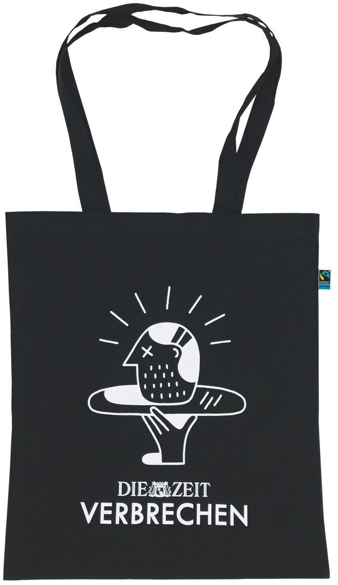 Schwarze Stofftasche mit zwei Henkeln. Auf der Vorderseite ist eine weiße Illustration eines Kopfes auf einer Hand sowie der Text 'DIE ZEIT VERBRECHEN' aufgedruckt.