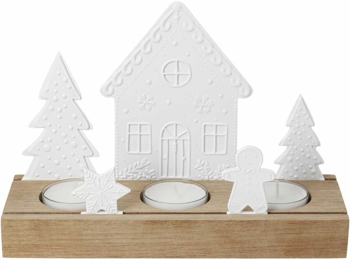 Lichtobjekt »Lebkuchendorf«: Weiße Silhouetten aus Keramik in Form von Haus, Tannen, Stern und Lebkuchenmännchen auf rechteckiger Holzplatte mit drei Teelichthaltern. Festliche Advents- oder Weihnachtsdekoration im liebevollen Winterdorf-Design.