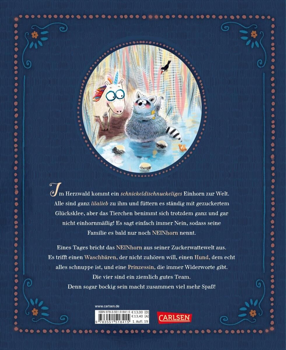 Das Bild zeigt die Rückseite des Kinderbuchs 'Das NEINhorn' vom Carlsen Verlag. Zu sehen ist eine Illustration von einem Einhorn, einer Katze mit Brille, einem Strauß und einem Lama in einem Wald. Der Hintergrund ist blau mit verspielten Mustern an den Rändern.