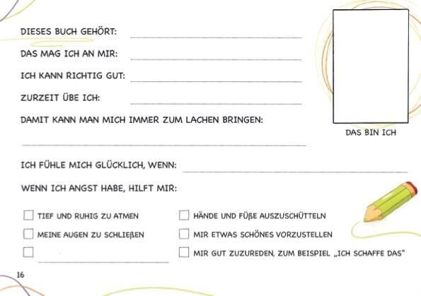 Eine Seite aus dem Freundschaftsbuch 'Meine Crew' zeigt freie Bereiche zum Ausfüllen, Zeichnen und Ankreuzen. Es gibt bunte Illustrationen, darunter ein Feld für ein Bild, einen Bleistift und Formularzeilen, um Gedanken und Gefühle zu teilen.