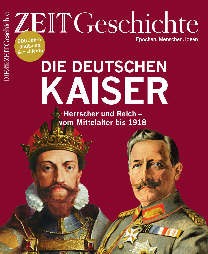 Cover der Zeitschrift ZEIT Geschichte 6/22 mit dem Titel 'Die Deutschen Kaiser'. Dargestellt sind zwei Kaiserfiguren: einer mit einer goldenen Krone und einem roten Mantel, der andere in einer Militäruniform. Im Hintergrund ein roter Farbhintergrund mit weißer Schrift.