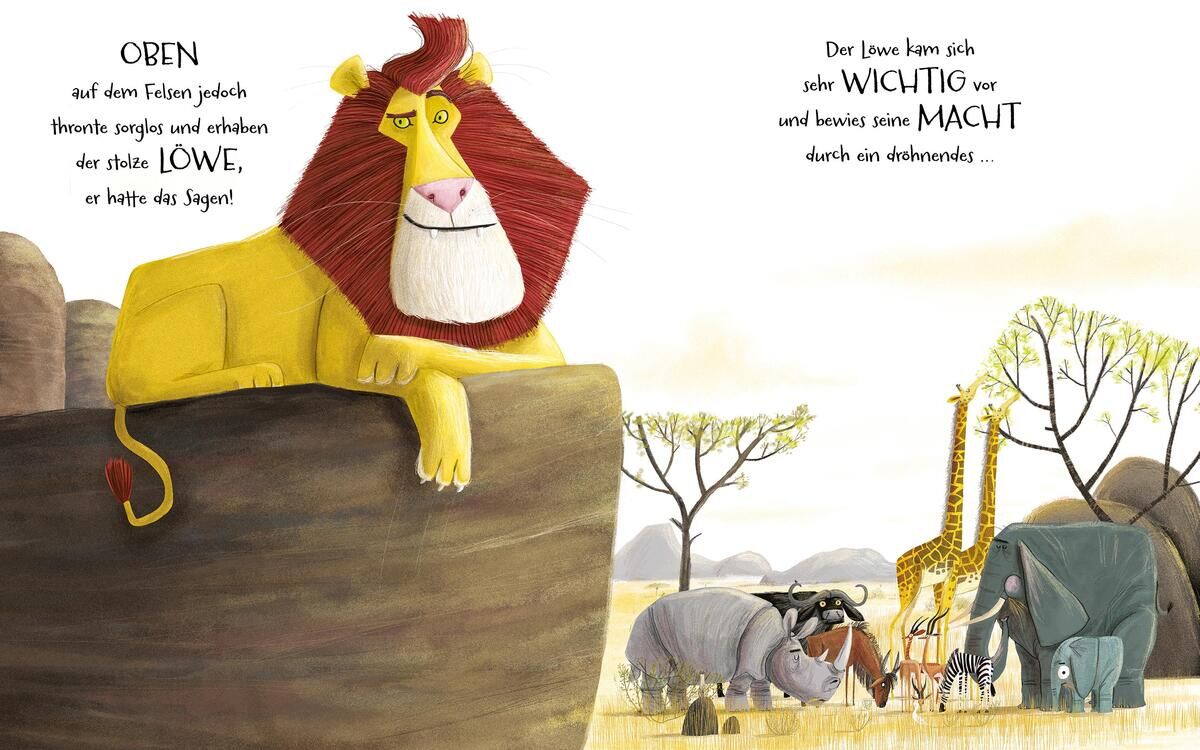 Ein illustriertes Kinderbuch mit dem Titel 'Der Löwe in dir'. Auf der linken Seite sitzt ein Löwe auf einem Felsen. Rechts sind mehrere Tiere zu sehen, darunter eine Giraffe, ein Elefant und eine Maus. Im Hintergrund ist eine Savannenlandschaft mit Bäumen.