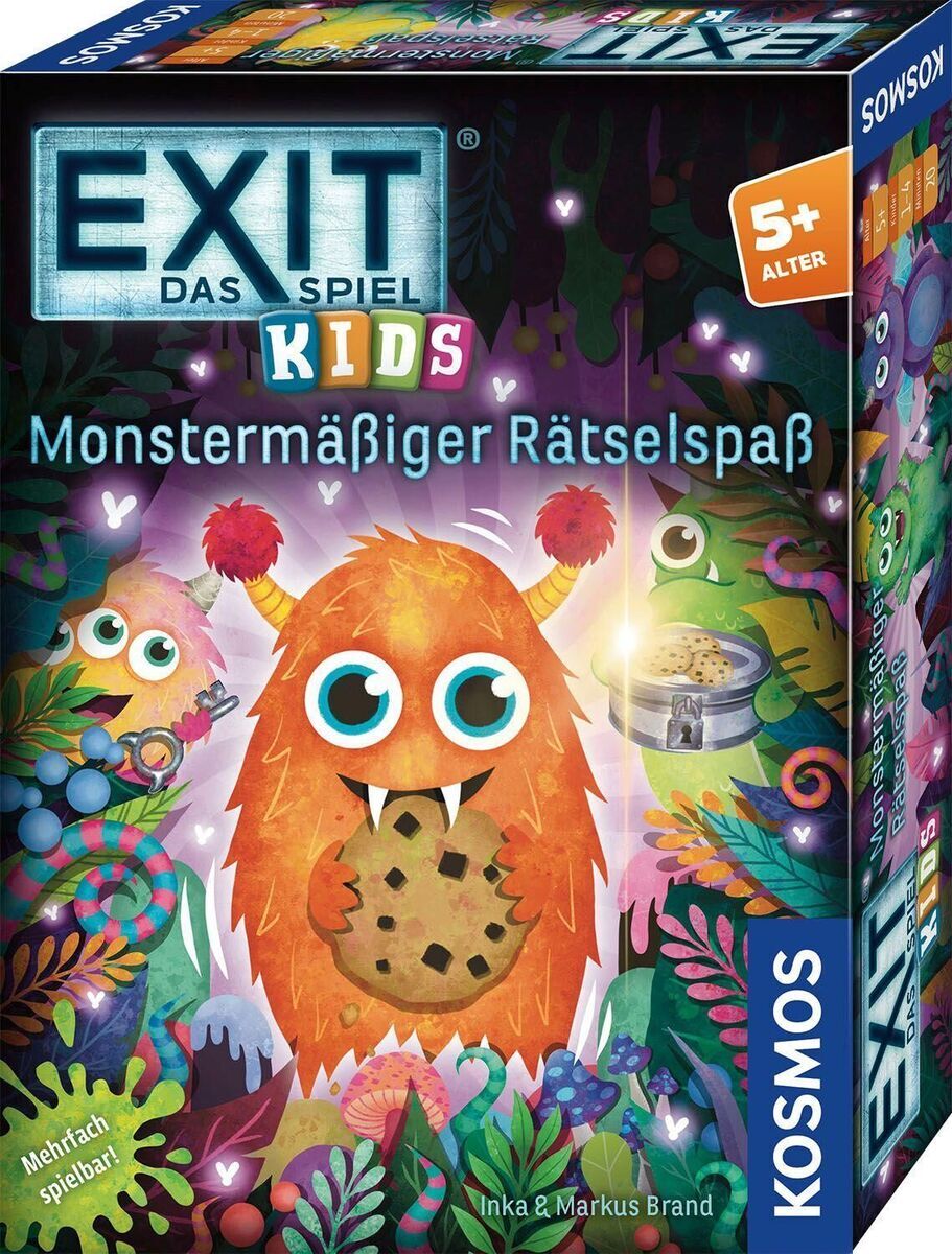 EXIT® - Das Spiel - Kids: Monstermäßiger Rätselspaß ist ein buntes, fantasievolles Brettspiel für Kinder ab 5 Jahren. Das Cover zeigt ein süßes orangefarbenes Monster mit großen Augen, das einen Keks hält, umgeben von anderen spielerischen Monstern und leuchtenden Farben.