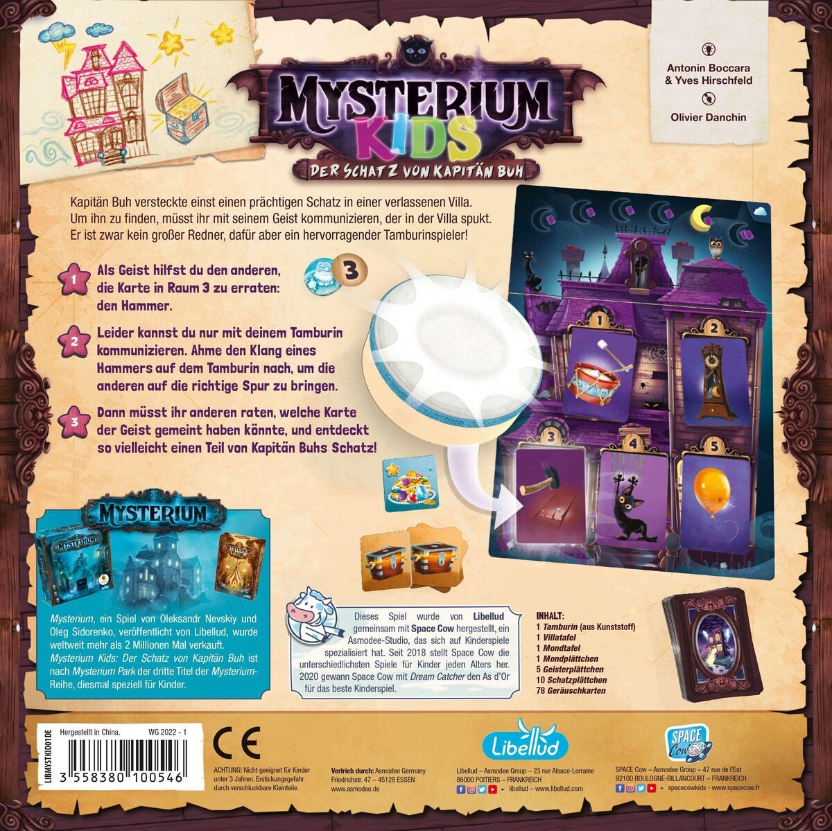 Die Verpackung des Brettspiels 'Mysterium Kids - Kinderspiel des Jahres' zeigt farbenfrohe Illustrationen eines Spukhauses und eines Geistes. Der Text erklärt die Spielregeln und hebt das kooperative Rätsellösen hervor. Geeignet für Kinder ist das Spiel bunt gestaltet.