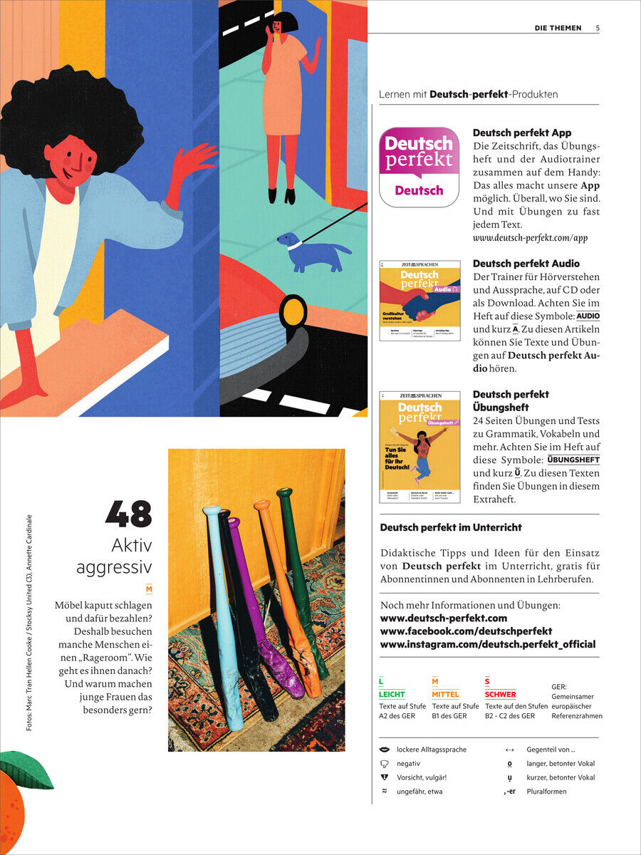 Cover des Deutsch perfekt Magazin 09/2024 zeigt eine bunte Illustration mit Menschen und Schriften. Enthält Informationen über Deutsch lernen und kulturelle Themen. Verschiedene Farben und didaktische Inhalte sind präsent.