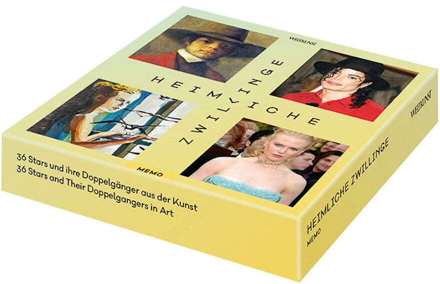 Heimliche Zwillinge-Memo ist ein Gesellschaftsspiel in einer gelben Schachtel. Auf dem Deckel sind Bilder von berühmten Kunstwerken und deren modernen Doppelgängern abgebildet.