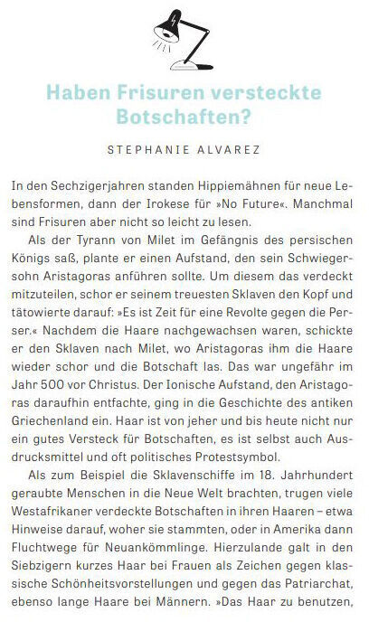 Das Bild zeigt das Cover des Buches ZEIT WISSEN »Woher weißt du das?«. Das Cover ist überwiegend weiß mit grünem und schwarzem Text. Es enthält den Titel des Artikels »Haben Frisuren versteckte Botschaften?« und den Autorennamen Stephanie Alvaréz. Oben ist eine stilisierte Grafik einer Schreibtischlampe abgebildet.