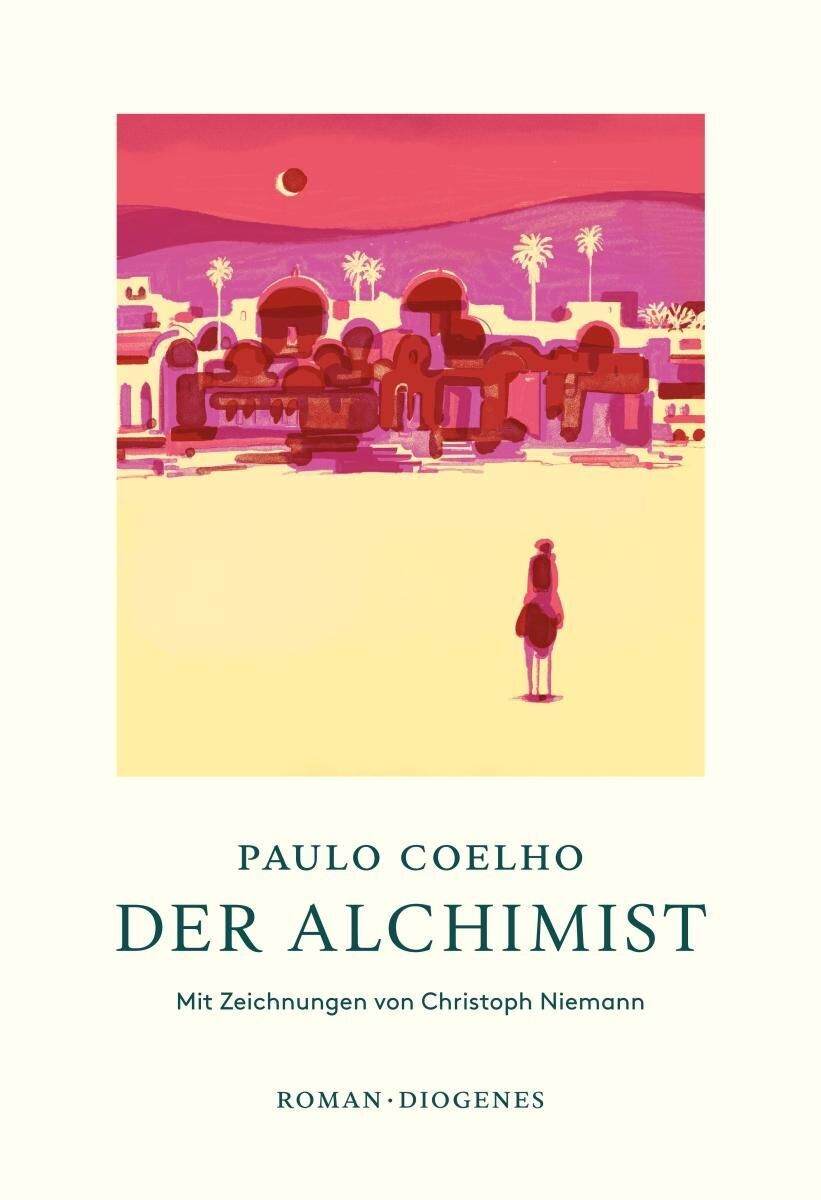 Ein Buchcover von Paulo Coelho's 'Der Alchimist', illustriert von Christoph Niemann. Das Design zeigt eine stilisierte Wüstenstadt mit orientalischer Architektur und eine einzelne Figur in der Mitte. Oben am Himmel sind Mond und Palme zu sehen. Der Titel ist in blaugrüner Schrift geschrieben.