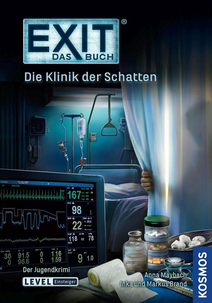 Das Bild zeigt das Buchcover von 'EXIT® - Das Buch: Die Klinik der Schatten' vom Kosmos Verlag. Das Bild ist in einem Krankenhauszimmer angesiedelt, mit einem Krankenhausbett, medizinischen Geräten und ein paar Glasflaschen. Der Titel und die Autoren Anna Maybach, Inka und Markus Brand sind auf dem Cover zu sehen. Farblich dominieren Blau-, Weiß- und Grüntöne.