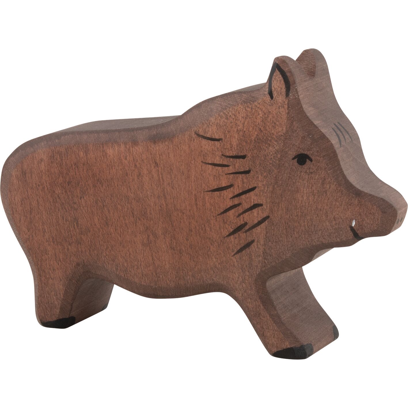 Holzfigur eines Wildschweins aus dem großen Waldtiere-Set, handgefertigt und naturgetreu in verschiedenen Brauntönen bemalt. Geeignet als nachhaltiges Spielzeug oder dekoratives Element für Kinder und Tierliebhaber.