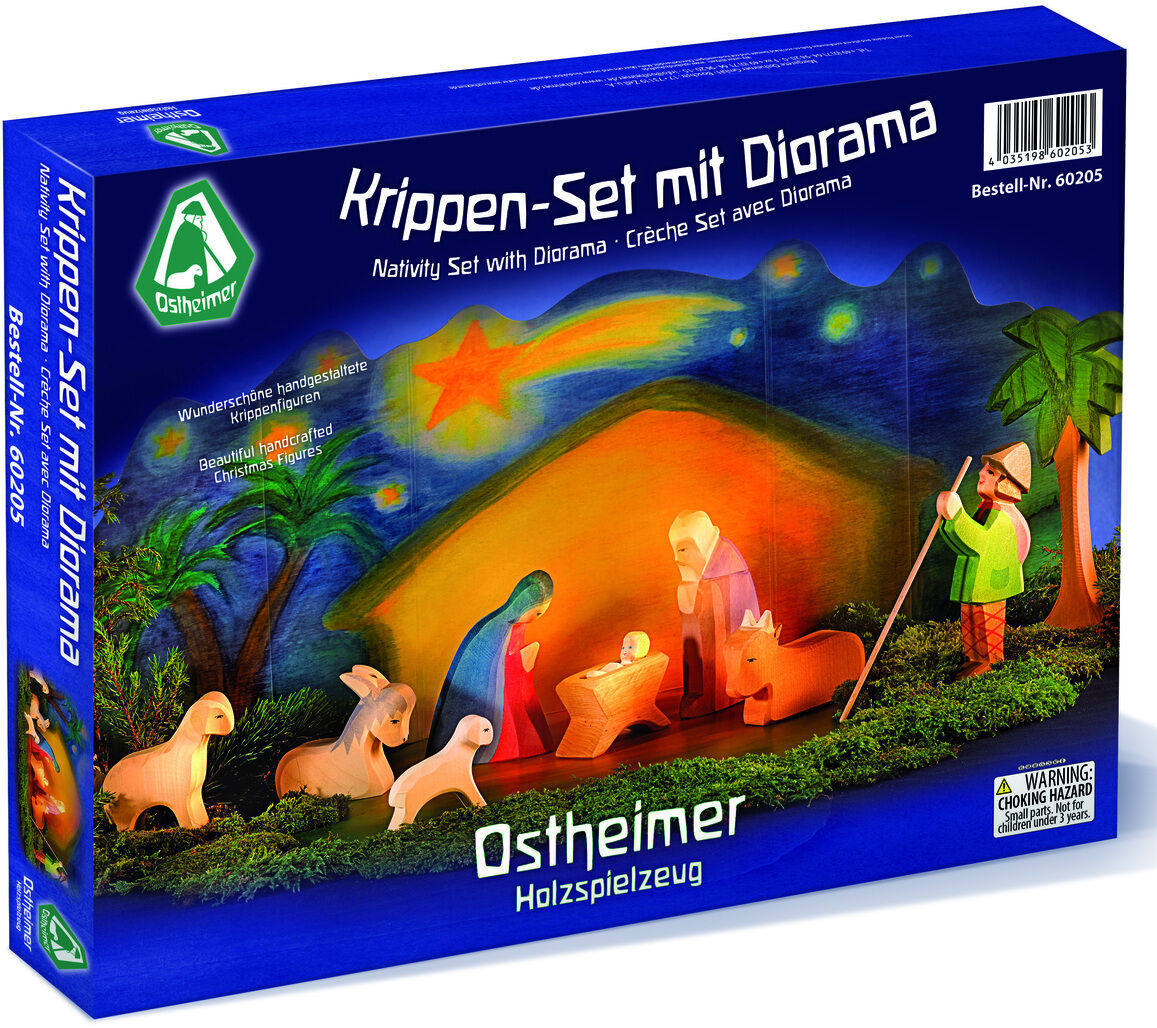 Krippen-Set mit Diorama von Ostheimer, 11-teilig, zeigt Krippenfiguren aus Holz. Der Hintergrund ist bunt bemalt mit einem Sternenhimmel und Szenerie von Bethlehem. Enthalten sind Figuren von Menschen und Tieren.