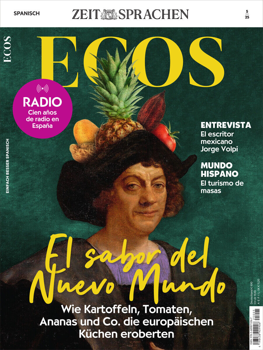 Titelbild des Ecos Magazins 5/2025 mit dem Thema 'El sabor del Nuevo Mundo'. Künstlerisches Porträt einer Person mit einem Obstarrangement auf dem Kopf. Textelemente in Gelb und Weiß auf dunkelgrünem Hintergrund.