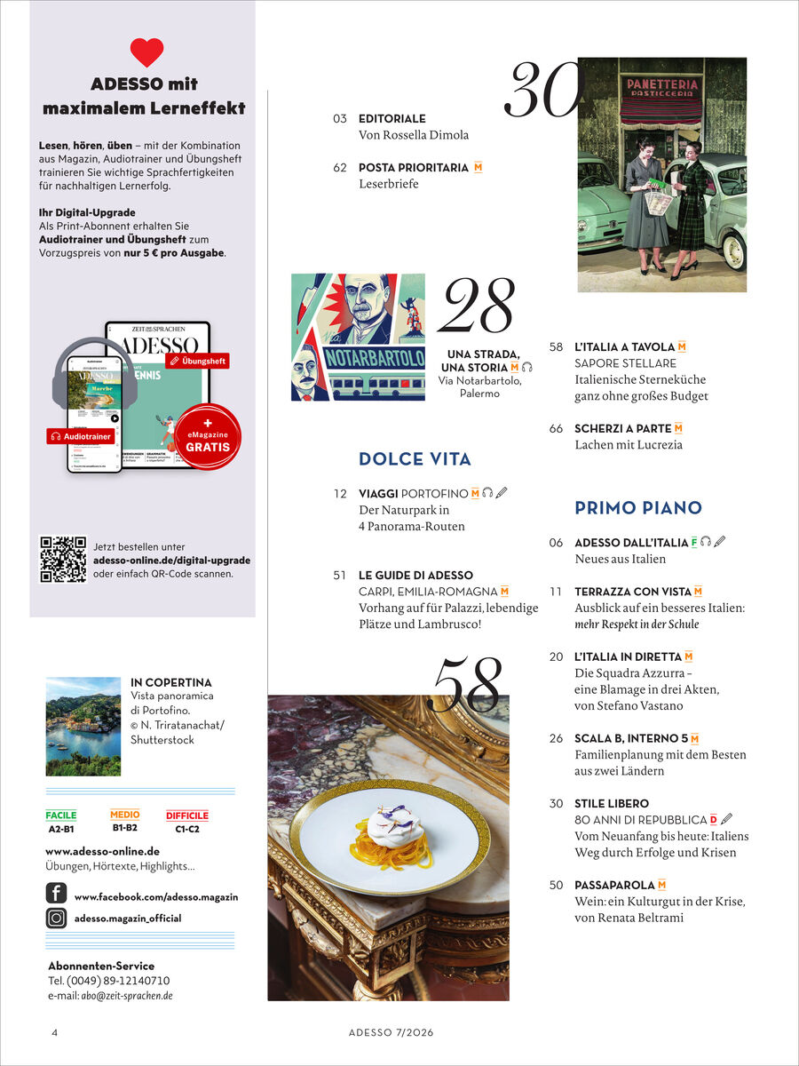 Inhaltsverzeichnis des Adesso Magazins 7/2026 von Spotlight Verlag mit Bildern von italienischen Szenerien, Essen und Magazintiteln. Detaillierte Themenübersicht zu Kultur, Reisen, Essen und Sprache. Grafiken und Fotos farbenfroh, klar strukturiertes Layout.