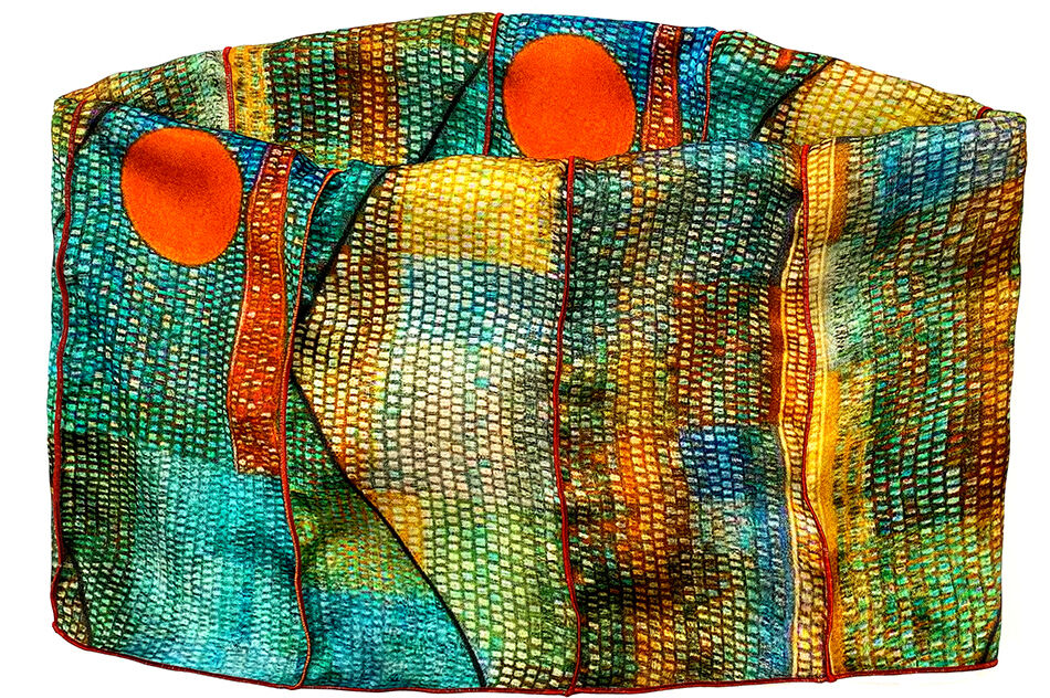 Rundschal inspiriert von Paul Klees Werk »Ad Parnassum«, zeigt ein farbenfrohes Mosaik mit überwiegend Blau-, Grün-, Gelb-, Orange- und Rottönen und einem künstlerisch abstrakten Design.