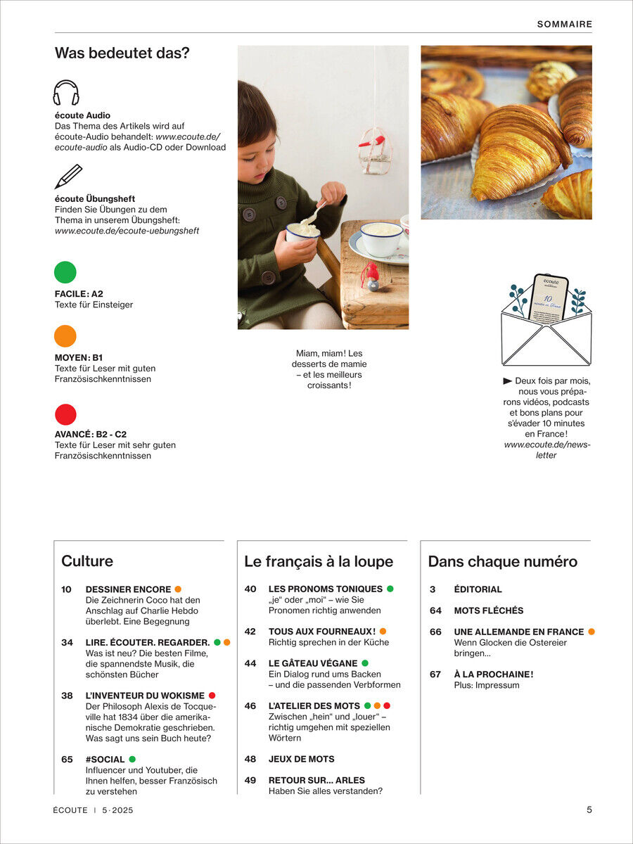 Eine Seite des 'Écoute Magazin 5/2025' zeigt eine Mischung aus Textabschnitten, Bildern von Croissants und einem Kind mit Spielzeug. Der Schwerpunkt liegt auf dem Erlernen der französischen Sprache und der Kultur Frankreichs.