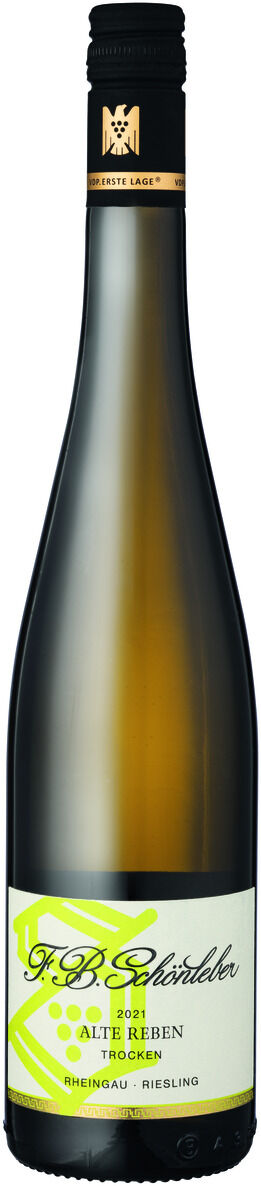 Eine Flasche ZEIT-Weinedition »Rheingau«, ein trockener Riesling-Weißwein aus Deutschland. Die Flasche hat ein grünes und weißes Etikett mit dem Schriftzug 'F.B. Schröder' und einem verschraubten schwarzen Deckel.