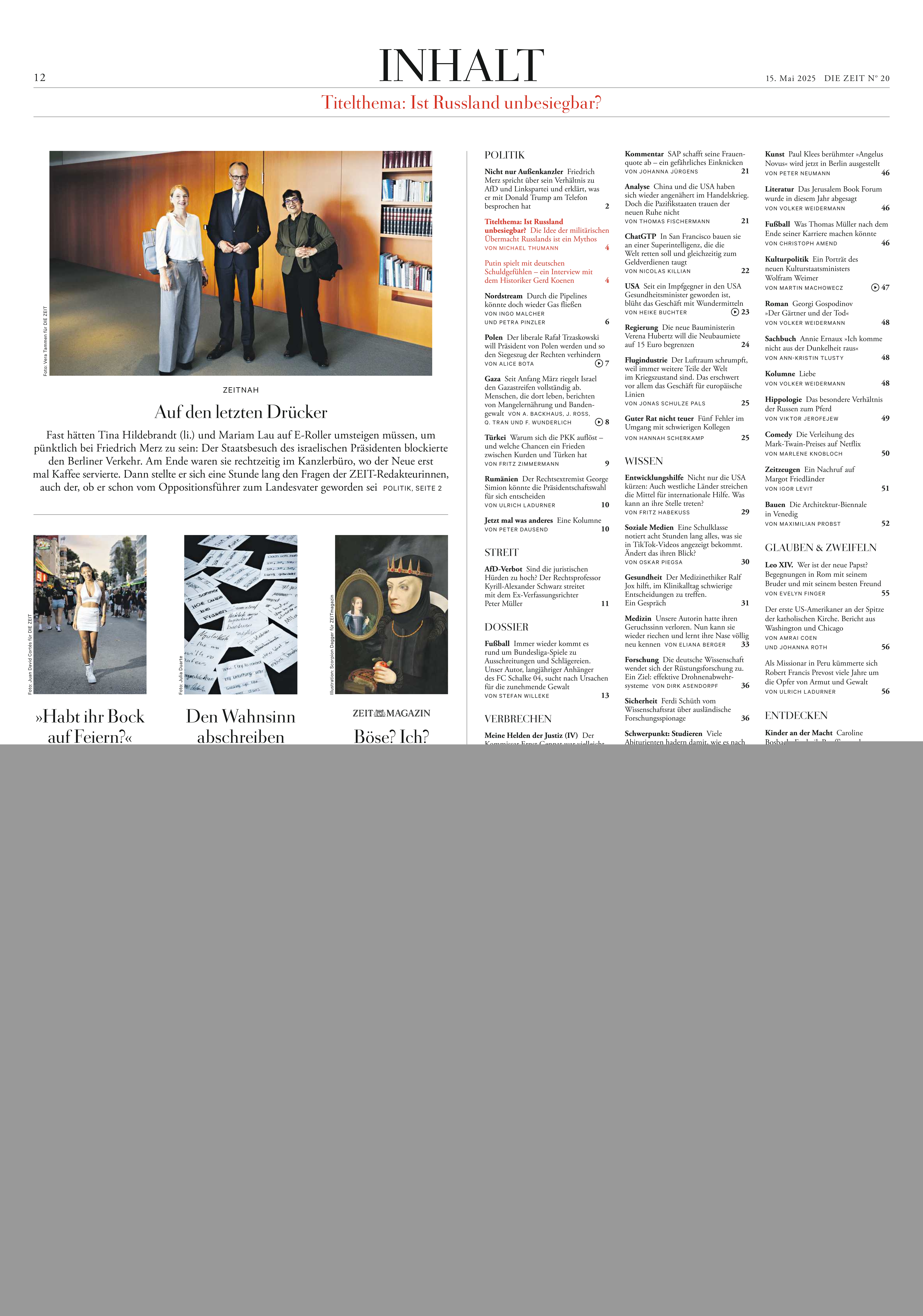 Inhaltsverzeichnis der Zeitung DIE ZEIT 20/2025, mit verschiedenen Artikeln und Farbbildern. Oben links ein Bild von drei Personen in einem Büro, daneben eine Liste von Artikeln und Themen der Ausgabe.