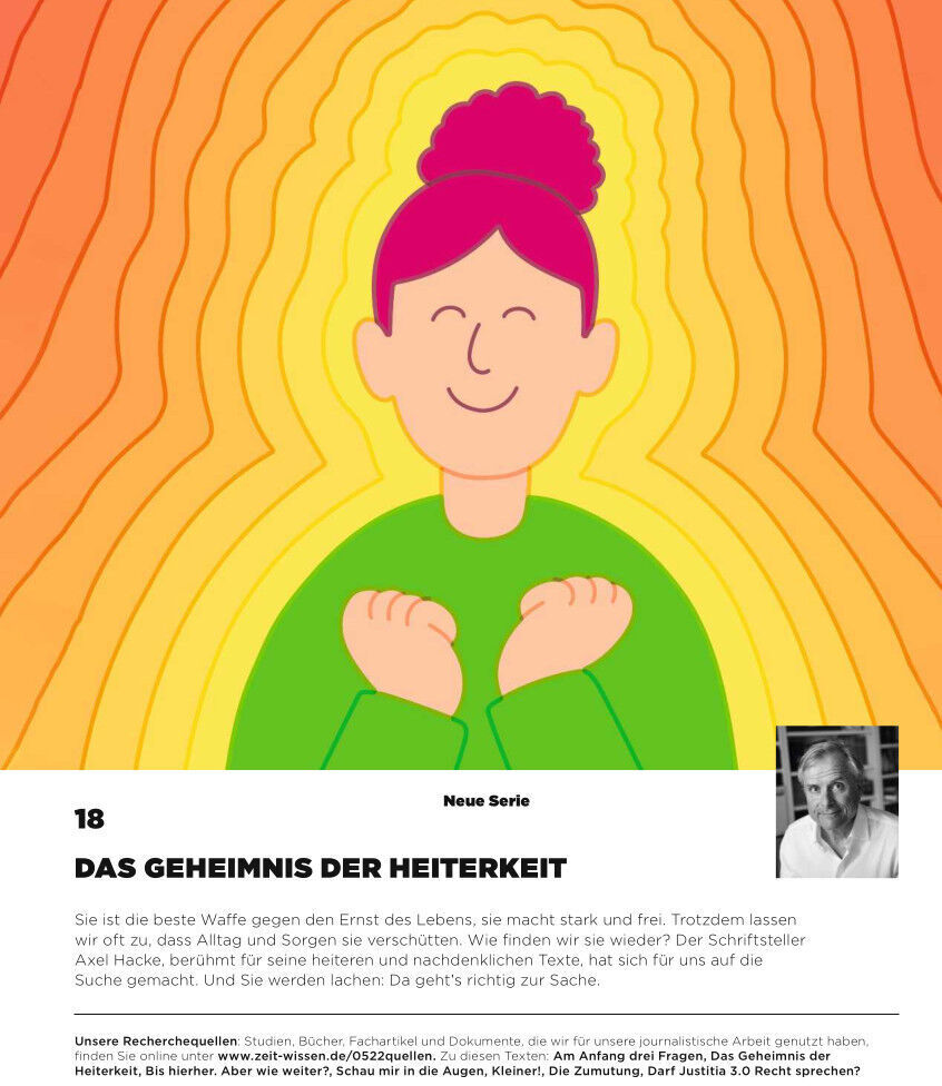 Cover der ZEIT WISSEN Zeitschrift 5/22 mit dem Titel 'Die große Kraft der Heiterkeit'. Eine gezeichnete Figur mit erhobenen Händen und einem freundlichen Ausdruck steht vor einem Hintergrund aus gelben und orangefarbenen Wellenlinien. Unten links befindet sich ein Textfeld mit dem Titel 'Das Geheimnis der Heiterkeit' und Informationen zum Artikel. Rechts ist ein kleines Schwarz-Weiß-Foto eines Mannes eingefügt.