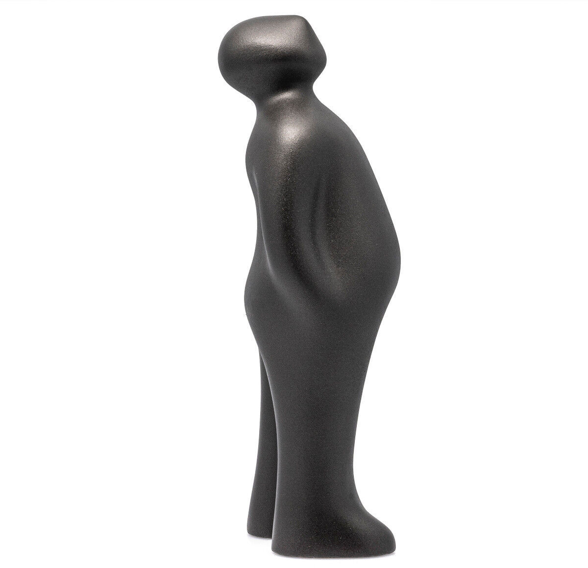 Skulptur »The Visitor Plus« von Guido Deleu, eine minimalistische, anthrazitfarbene Figur mit glatten und geschwungenen Linien.