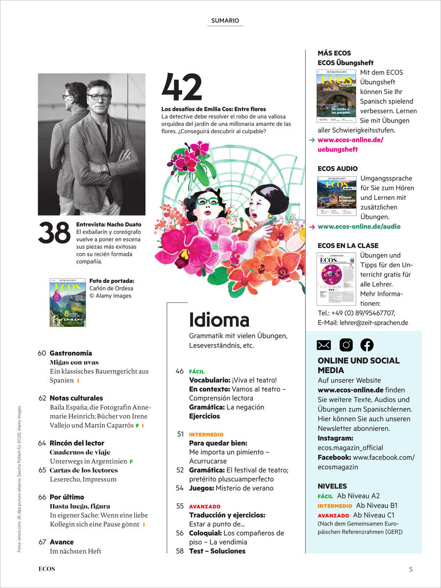 Titelseite des Ecos Magazins Ausgabe November 2024. Enthält verschiedene Artikel und Themen über spanische Sprache und Kultur. Enthält eine Fotografie und bunte Illustrationen auf einer weißen Seite.