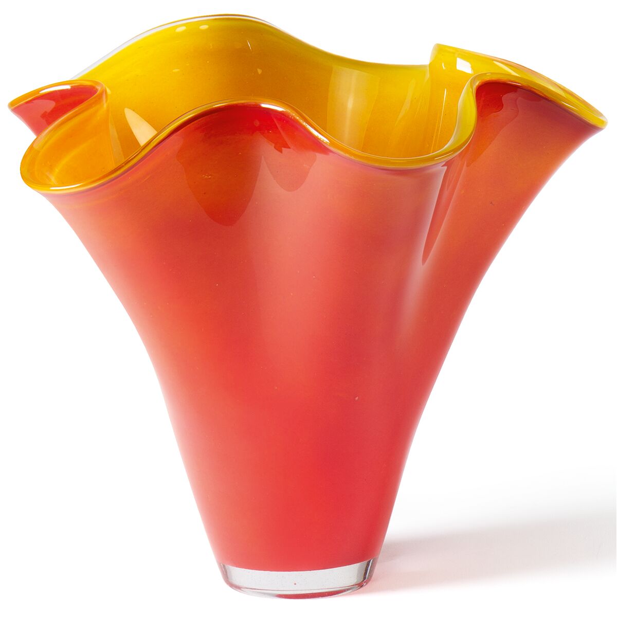 Handgefertigte Glasvase »Jardin« von Ars mundi, geformt wie ein weit geöffneter Blütenkelch. Harmonischer Farbverlauf von warmem Rot zu leuchtendem Gelb, glänzende Oberfläche, individuelle wellige Ränder, sehr standfest und ausdrucksstark. Brilliante, auffällige Farbwirkung.