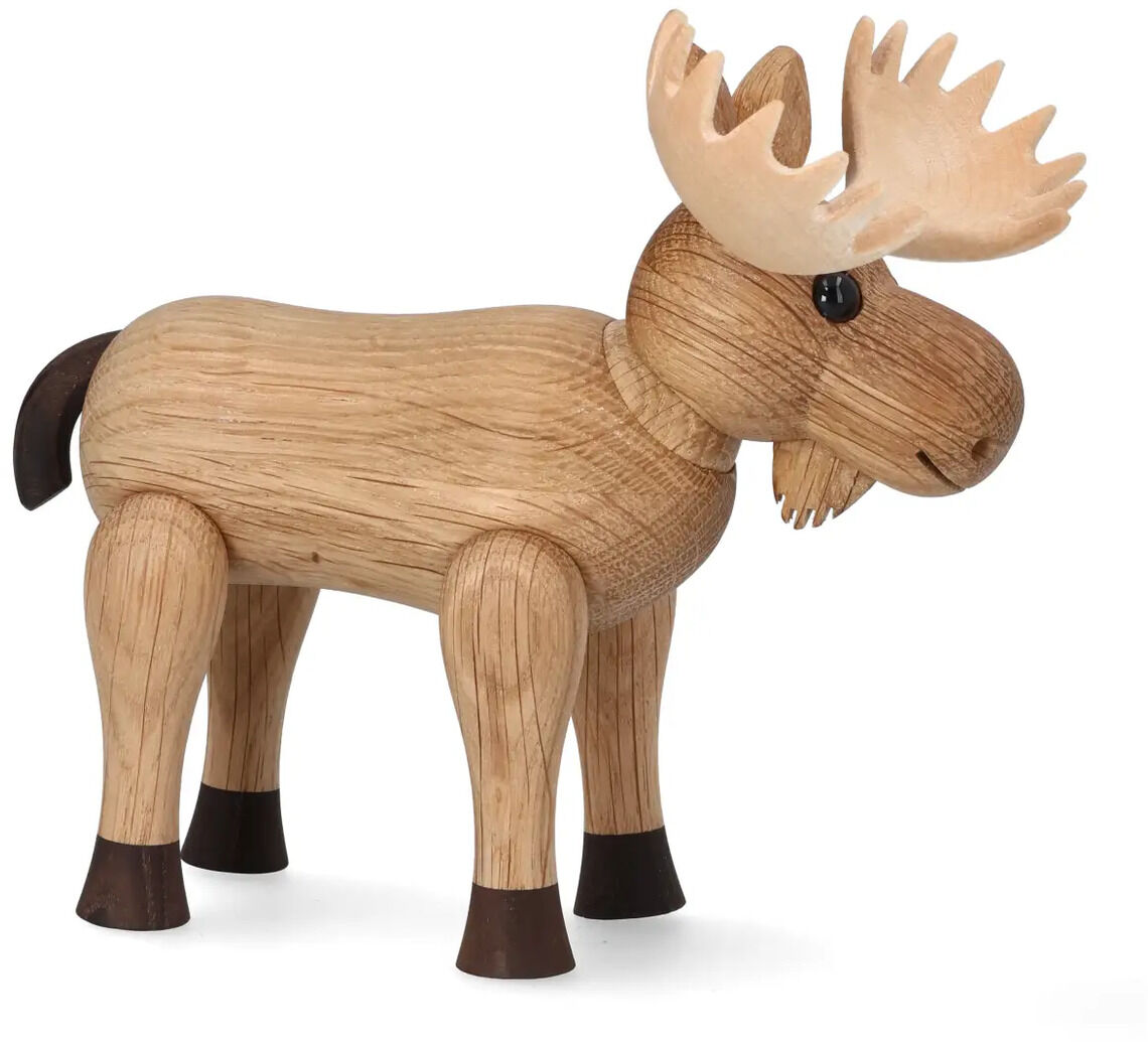 Die Holzfigur »Hirsch Harald« von Spring Copenhagen zeigt einen detailreichen Hirsch aus verschiedenen Holzarten. Sichtbare Maserung, schwarze Hufe, dunkler Schwanz und helle Geweihpartie. Die Figur wirkt freundlich und modern, geeignet als Dekorationsobjekt.