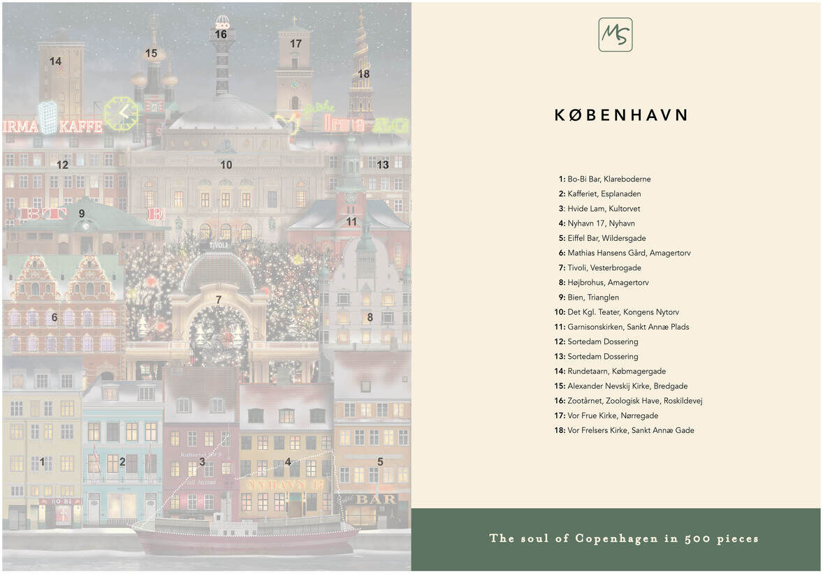 Ein Puzzle mit dem Titel »Weihnachten in Kopenhagen«, das eine festliche städtische Szene von Kopenhagen zeigt. Im Hintergrund sind traditionelle skandinavische Architektur und hell erleuchtete Weihnachtsdekorationen zu sehen. Die Farben sind hauptsächlich Rot, Grün, Weiß, Blau und Gelb. Das Bild vermittelt eine weihnachtliche und stimmungsvolle Atmosphäre.