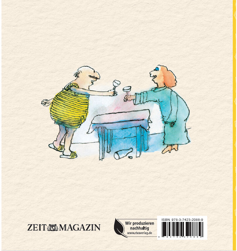 Das Bild zeigt das Buchcover »Herr Janosch, wie feiert man sich selbst?«, illustriert mit einer Zeichnung zweier Menschen, die sich zu einem Toast an einem Tisch, umgeben von weichen Farbtönen. Es gibt Logos und eine ISBN-Nummer.