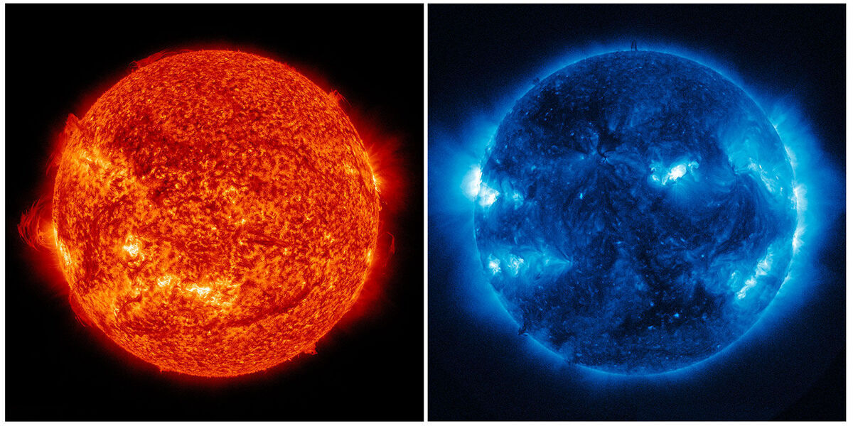 Zweibild der Sonne zeigt einen roten Sonnenball links und einen blauen Sonnenball rechts. Beide Ansichten enthalten detaillierte Strukturen der Sonnenoberfläche.