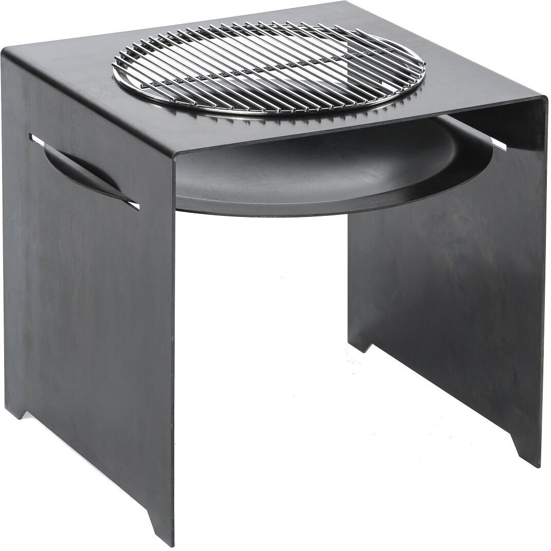 Ein robuster Grillrost für die Feuerschale »BASIC« aus Metall, ideal für Outdoor-Aktivitäten wie Grillen im Garten oder beim Camping. Der quadratische Grillrahmen enthält einen runden Grillrost in der Mitte.