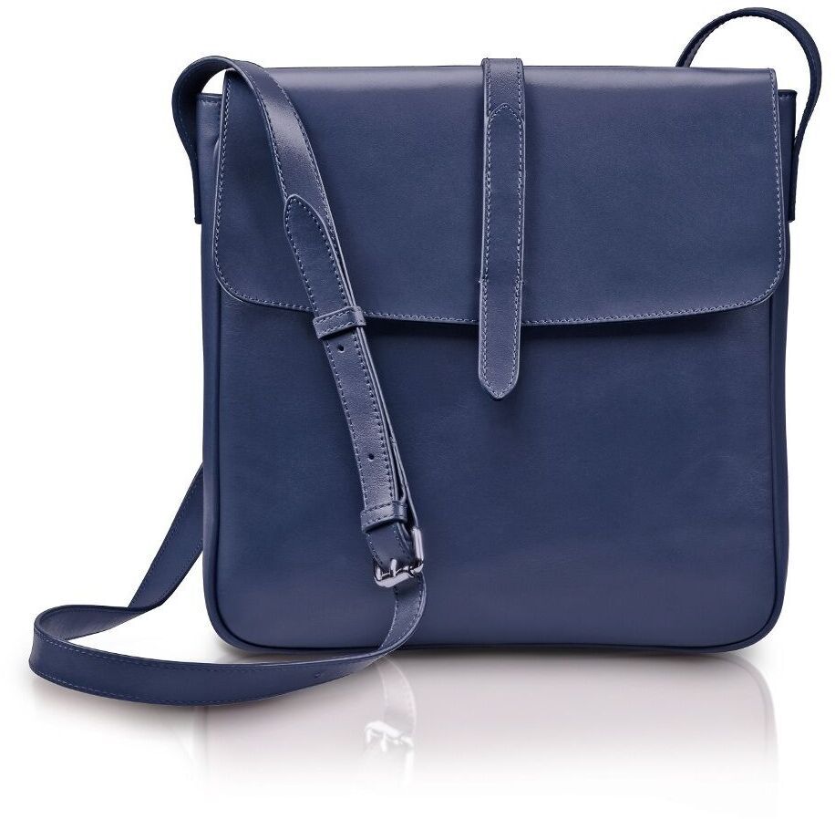 Eine elegante, minimalistische Umhängetasche aus blauem Leder mit verstellbarem Riemen und Reißverschluss. Ideal für den täglichen Gebrauch und verschiedene Anlässe.
