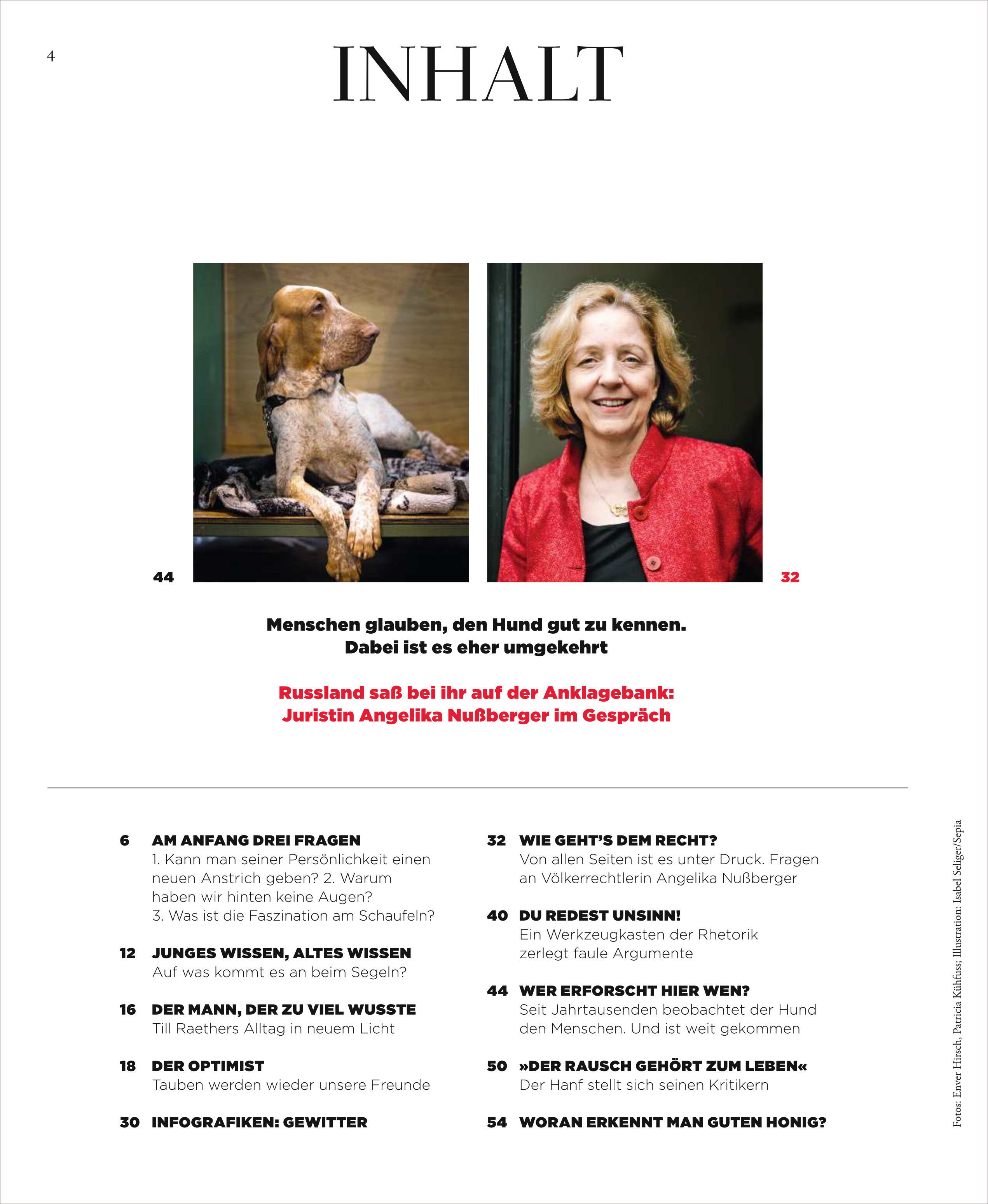 Titelseite des Inhaltsverzeichnisses der Ausgabe 5/25 der deutschen Zeitschrift ZEIT WISSEN mit dem Themenschwerpunkt 'Das Geschenk der Aufmerksamkeit'. Das Bild zeigt einen Hund auf einem Hocker und eine lächelnde Frau nebeneinander, darunter verschiedene Überschriften von Artikeln, die zur Ausgabe gehören. Der Hintergrund ist überwiegend weiß, einige Textelemente sind in Schwarz und Rot gestaltet.