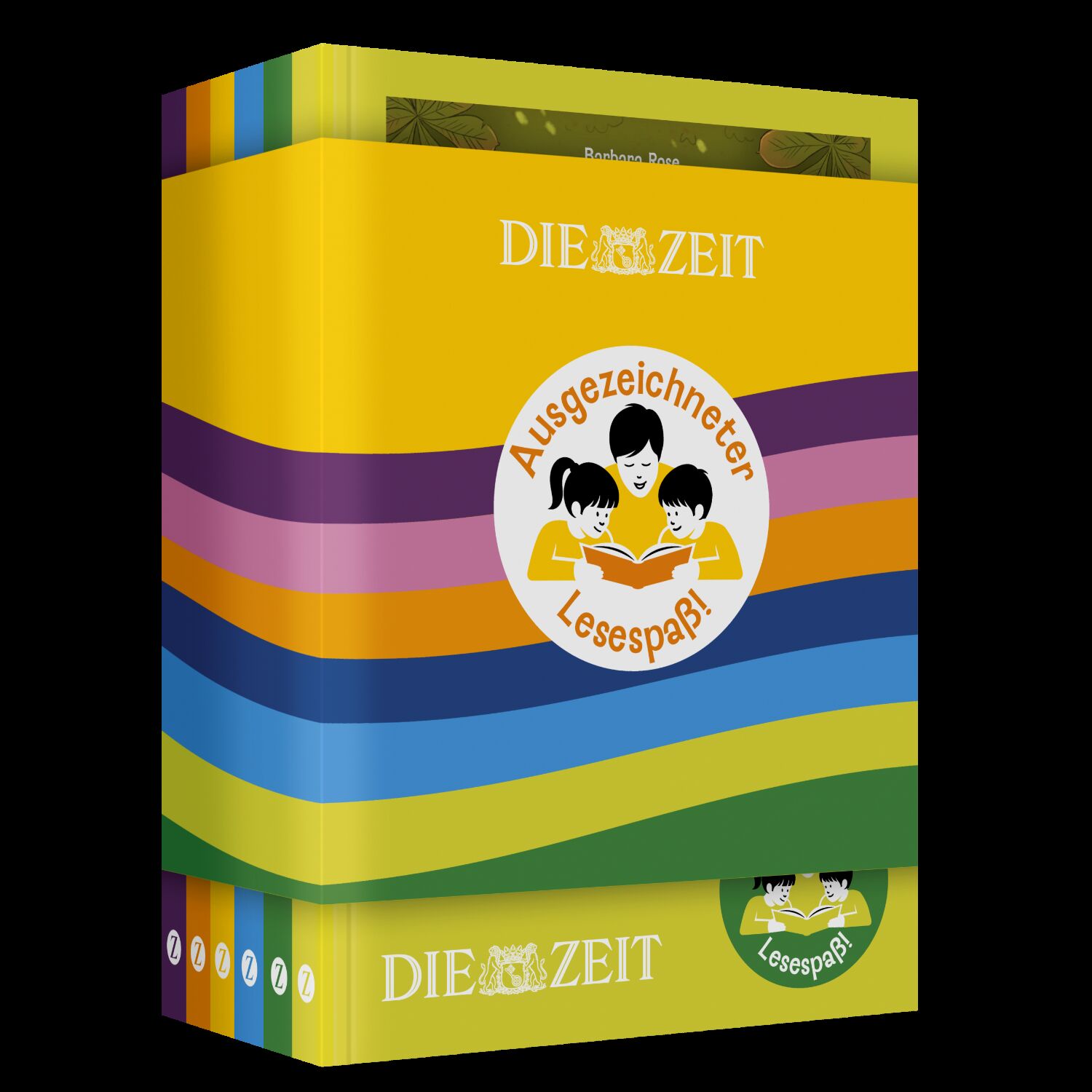Sechs bunte Hardcover-Kinderbücher der ZEIT-Edition »Ausgezeichneter Lesespaß!« mit auffälliger, farbig gestreifter Banderole. Die Banderole zeigt ein Siegel mit drei Kindern und dem Schriftzug „Ausgezeichneter Lesespaß!“. Die Edition eignet sich ideal als Geschenk.