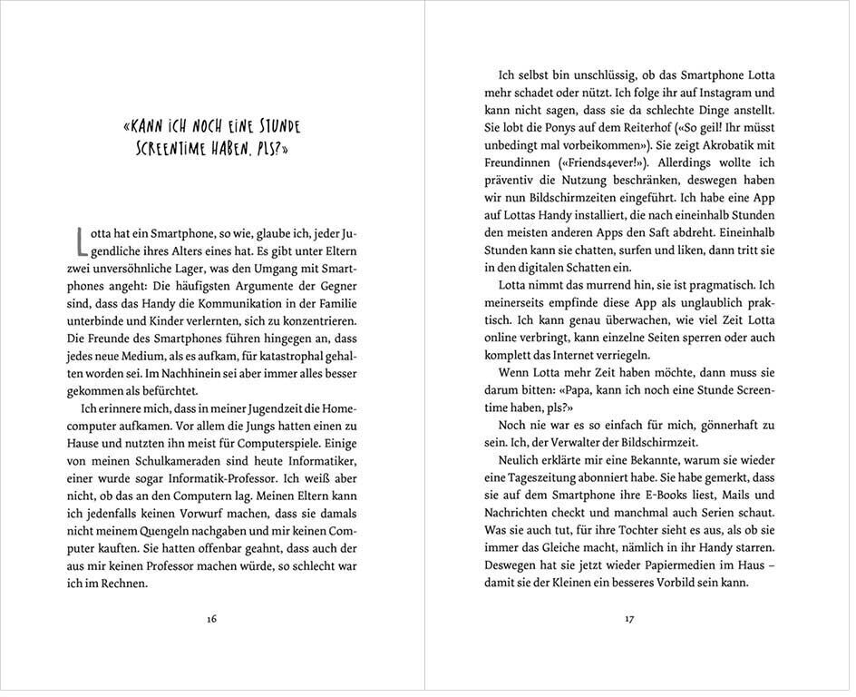 Zwei Buchseiten mit schwarzem Text auf weißem Hintergrund. Die linke Seite enthält eine humorvolle Überschrift in großen Buchstaben, die rechte Seite enthält Fließtext, der das typische Verhalten von Smartphone-Nutzern beschreibt.