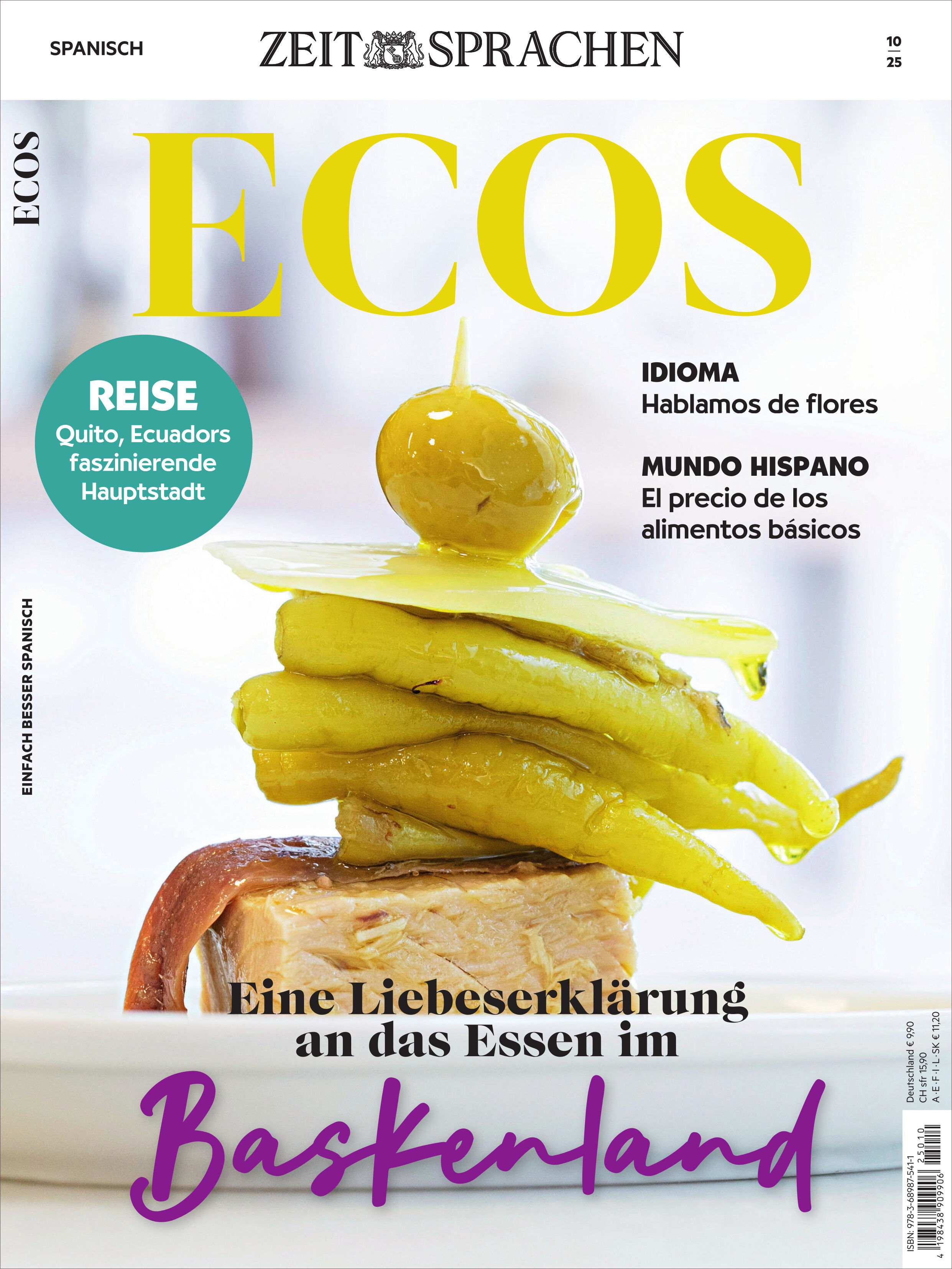 Titelbild des Ecos Magazins 10/2025 mit arrangierten baskischen Tapas aus Paprika, Olive und Sardelle, darunter Text: 'Eine Liebeserklärung an das Essen im Baskenland'. Die Zeitschrift legt den Fokus auf spanische Sprache, Reisen und kulinarische Spezialitäten.