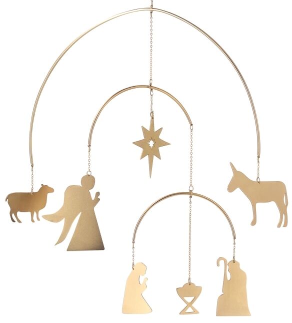 Mobiles Weihnachtsdeko aus Metall mit goldfarbenen Anhängern, zeigt die Heilige Familie, einen Engel, ein Schaf, einen Esel und den Stern von Bethlehem in einem minimalistischen Design, geeignet für die festliche Dekoration während der Weihnachtszeit.