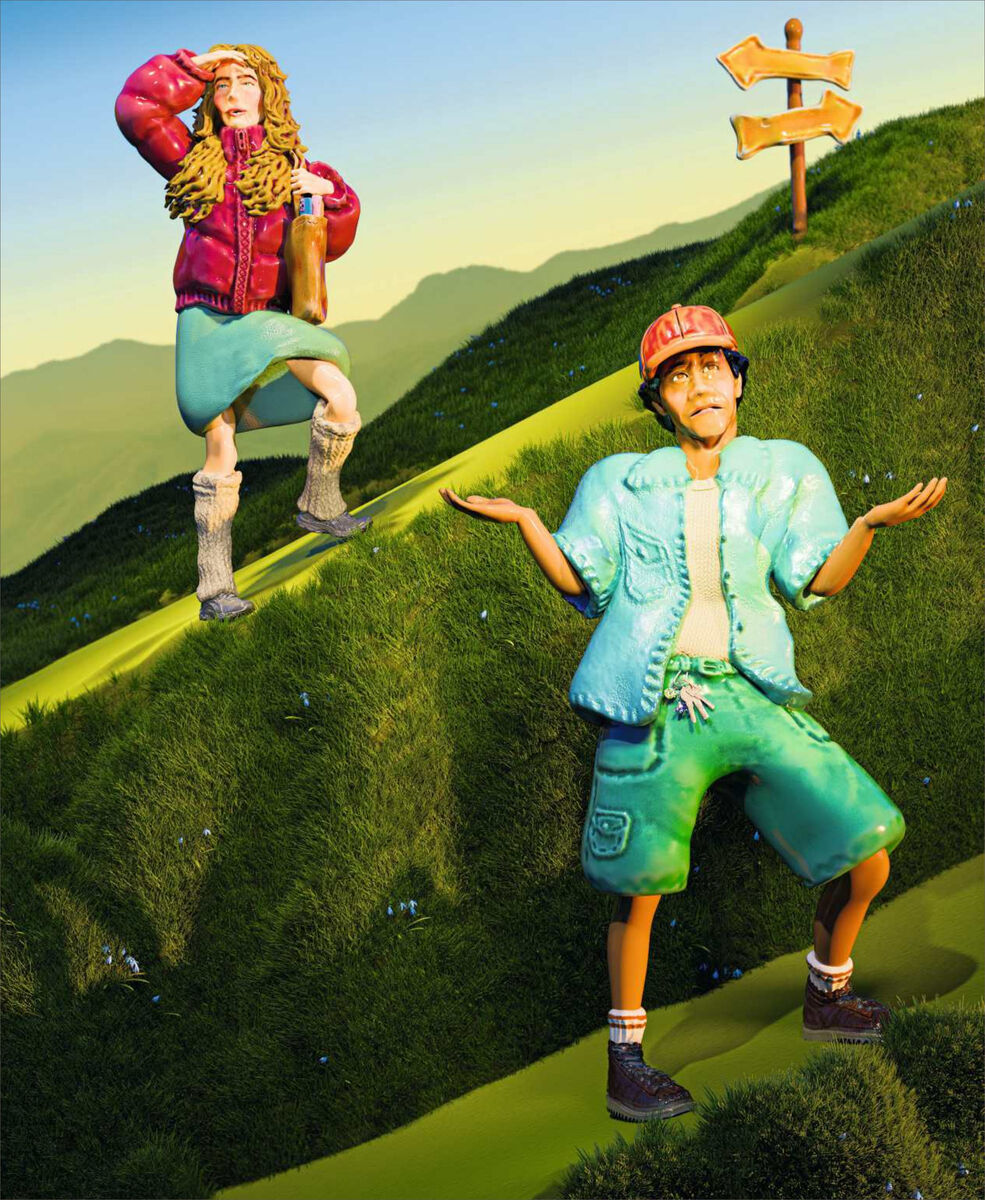 Zwei jugendliche Figuren stehen auf grünen Hügeln, eine Frau vorne links suchend, ein Mann rechts ratlos mit ausgebreiteten Armen. Im Hintergrund ein Wegweiser und sanfte Berglandschaft bei Sonnenuntergang. Kleidung bunt sportlich, Szene wirkt verspielt und symbolisch.