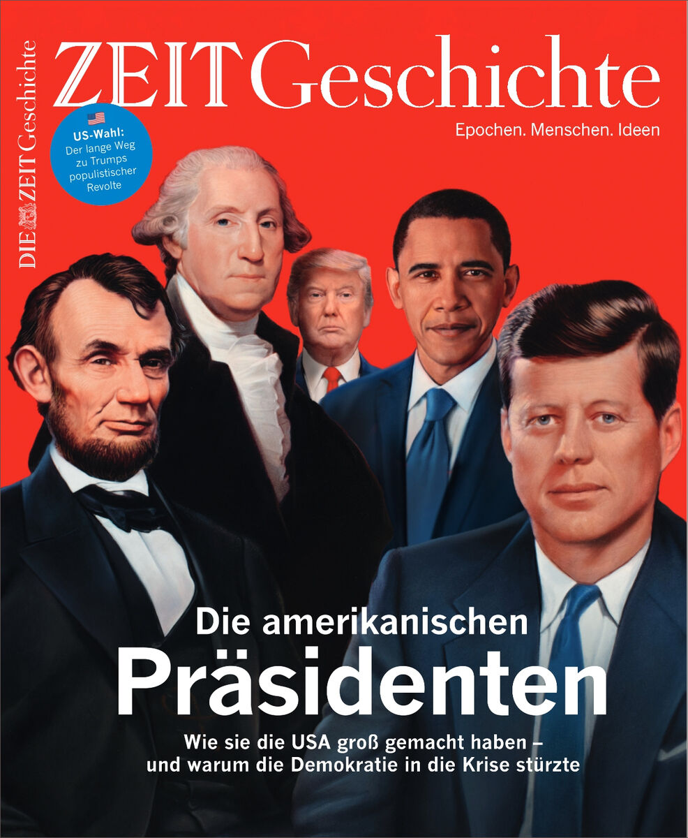 Ein Magazincover von ZEIT Geschichte mit dem Titel 'Die amerikanischen Präsidenten'. Auf dem Cover sind Bilder von Abraham Lincoln, George Washington, John F. Kennedy, Barack Obama und Donald Trump. Der Hintergrund besteht aus einer blauen und roten Farbpalette.