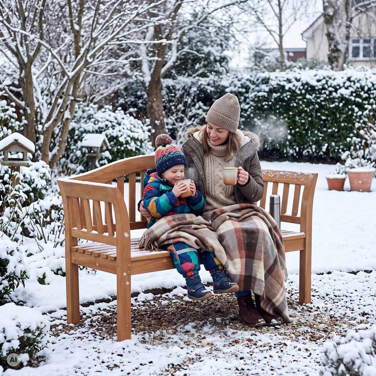 Eine Teak-Freisenbank »Wave« der Marke bene living steht im verschneiten Garten. Darauf sitzen eine Frau und ein Kind mit Decken und heißen Getränken, in Winterkleidung. Der Wintergarten ist schneebedeckt, Bäume und Sträucher im Hintergrund, gemütliche Atmosphäre.