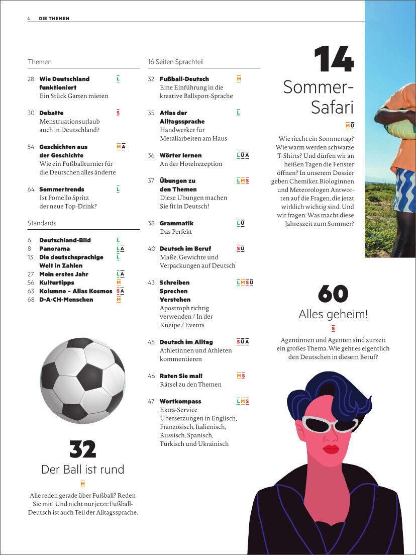 Das Cover der Ausgabe August 2024 des Magazins 'Deutsch perfekt' zeigt eine Sommer-Safari als Thema, mit einem großen schwarzen Fußball und Illustrationen. Es gibt mehrere Artikelvorschläge und bunten Text in Schwarz, Rot, Blau und Grün. Eignet sich für Deutschlerner und Interessierte an deutscher Kultur und Sprache.