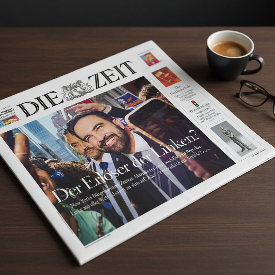 Auf einem dunklen Holztisch liegt die aktuelle Ausgabe der ZEIT 37/2026. Das Titelblatt zeigt einen lachenden Mann umringt von Menschen mit Handys, darüber der Titel: „Der Erlöser der Linken?“ Daneben stehen eine schwarze Brille und eine Tasse Espresso.