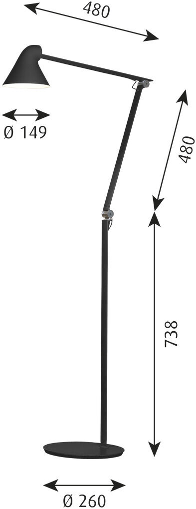 Eine schwarze Stehleuchte des Modells »NJP« mit verstellbarem Arm und Kopf. Ideal für moderne Räume und vielseitig einsetzbar als Leselampe oder Schreibtischleuchte.