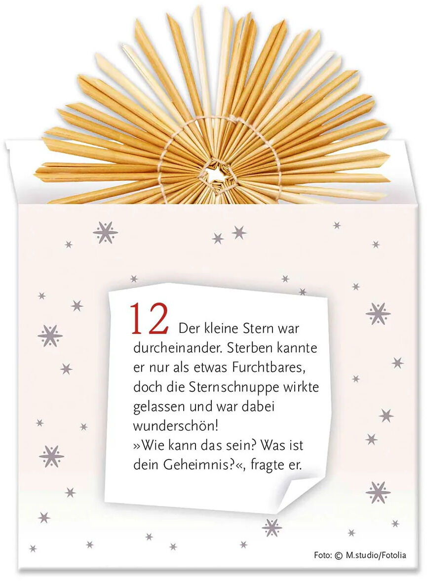 Adventskalender von ZEIT Buchhandlung/St. Benno Verlag: Umschlag mit silbergrauen Sternen auf weißem Grund, darin ein filigraner, goldfarbener Strohstern. Vorne ein Blatt mit roter Zahl 12 und Textauszug aus einer Adventsgeschichte. Hochwertiger, handgemachter Weihnachtsschmuck.