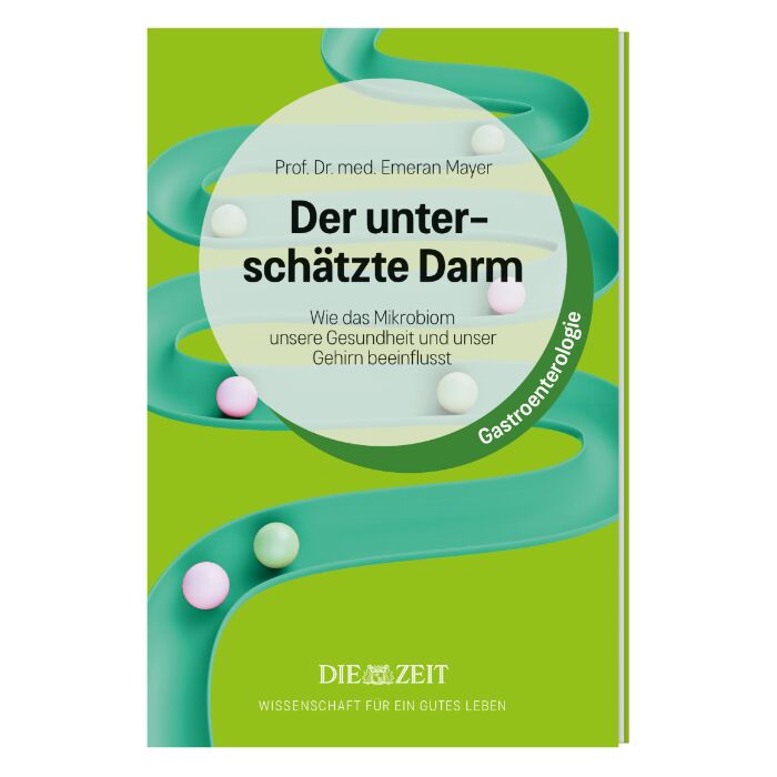 Das Buchcover der ZEIT-Edition »Wissenschaft für ein gutes Leben« zeigt den Titel 'Der unterschätzte Darm' auf grünem Hintergrund mit geschwungenem grünen Band und farbigen Kugeln, sowie Informationen zur Gesundheit und dem Mikrobiom; geeignet als Geschenk für Wissenschafts- und Gesundheitsinteressierte.