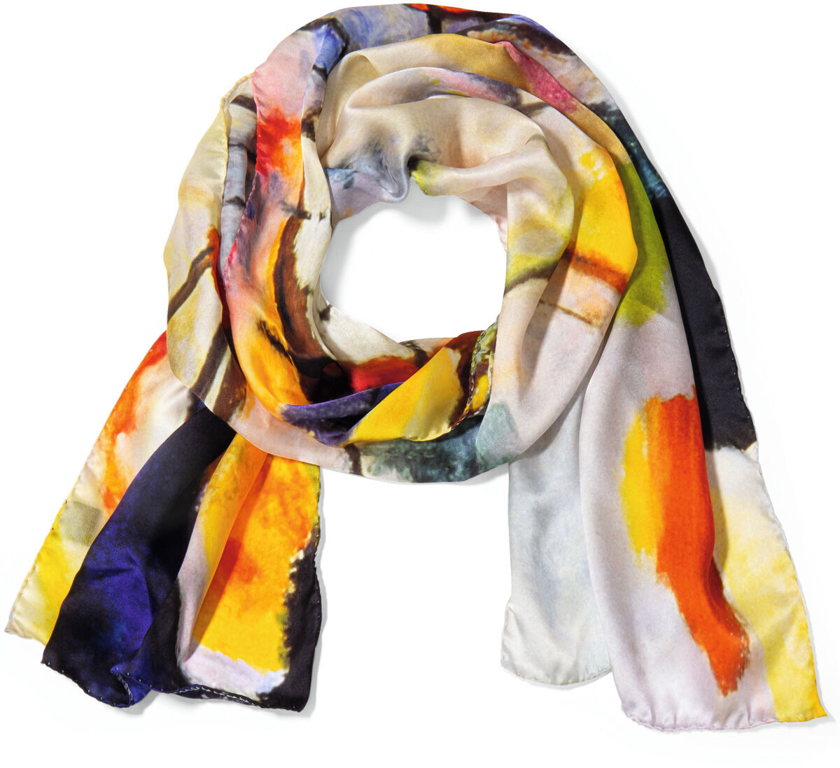 Ein luxuriöser Seidenschal mit buntem, abstraktem Motiv, inspiriert von Wassily Kandinskys »Landschaft mit Regen«. Der Schal zeigt leuchtende Farben und künstlerische Muster und eignet sich als stilvolles Accessoire oder Geschenk.