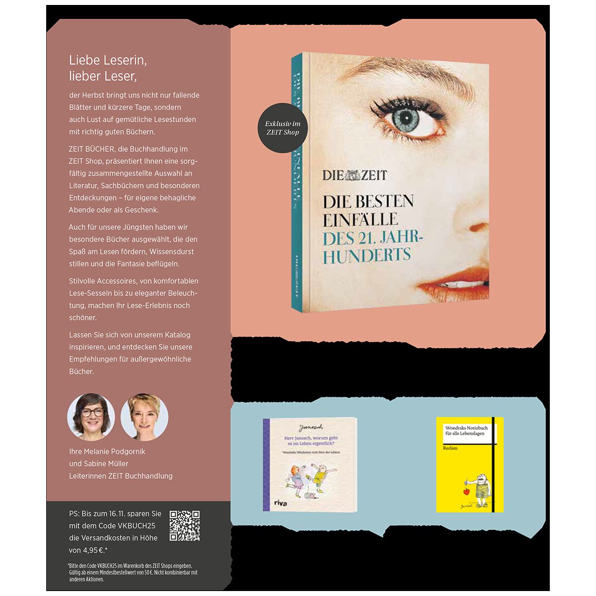 Abbildung eines Katalogs mit Buchempfehlungen für die Buchmesse, darunter das Buch 'Die besten Einfälle des 21. Jahrhunderts' sowie weitere Literaturvorschläge. Der Katalog zeigt verschiedene Buchcover, Texte und Illustrationen in hellen Farben auf weißem Hintergrund. Geeignet für Literaturinteressierte und Buchliebhaber.